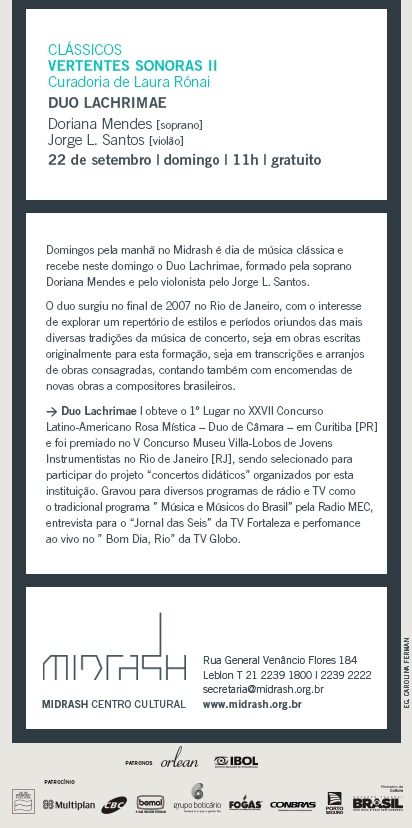 Concerto do Duo Lachrimae no Midrash Centro Cultural - Dom 22.09 